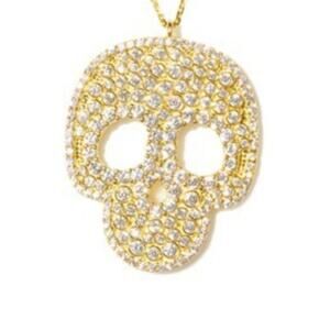 18K Yellow Gold Skull Necklace Vermeil Dazzle CZ Pave Goth Halloween 18 inch